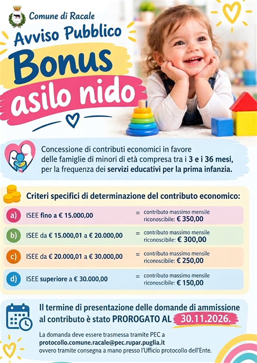 Concessione di contributi economici in favore delle famiglie di minori di età compresa tra i 3 e i 36 mesi per la frequenza dei servizi educativi per la prima infanzia, nellambito del potenziamento del servizio asili nido annualità 2026  - PROROGA TERMINI presentazione domande