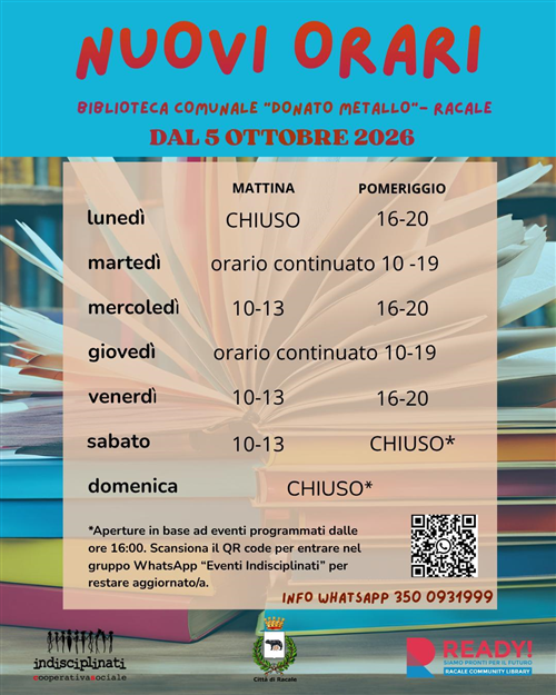 Biblioteca Comunale Donato Metallo - Racale. Nuovi orari dal 05.10.2026